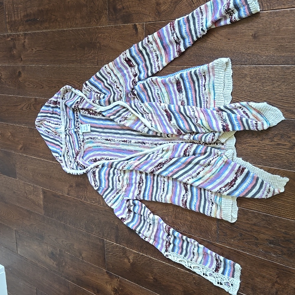 American Rag Cie Open Front Draped Hooded Cardigan Crochet Trim Striped Multi M